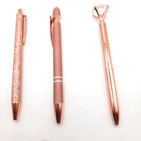 Glitter+ Glass Stone Rose Colored Metal Ballpoint  Writing  Pens-Lot Of 3 -New - Picture 1 of 7